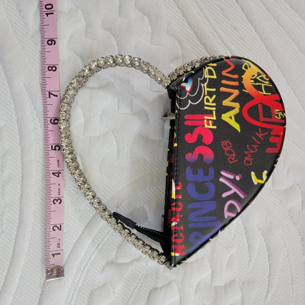 AKIRA Black Graffiti Heart Shaped Mini Bag Rhinestone Handle Bling Going Out - Picture 13 of 13